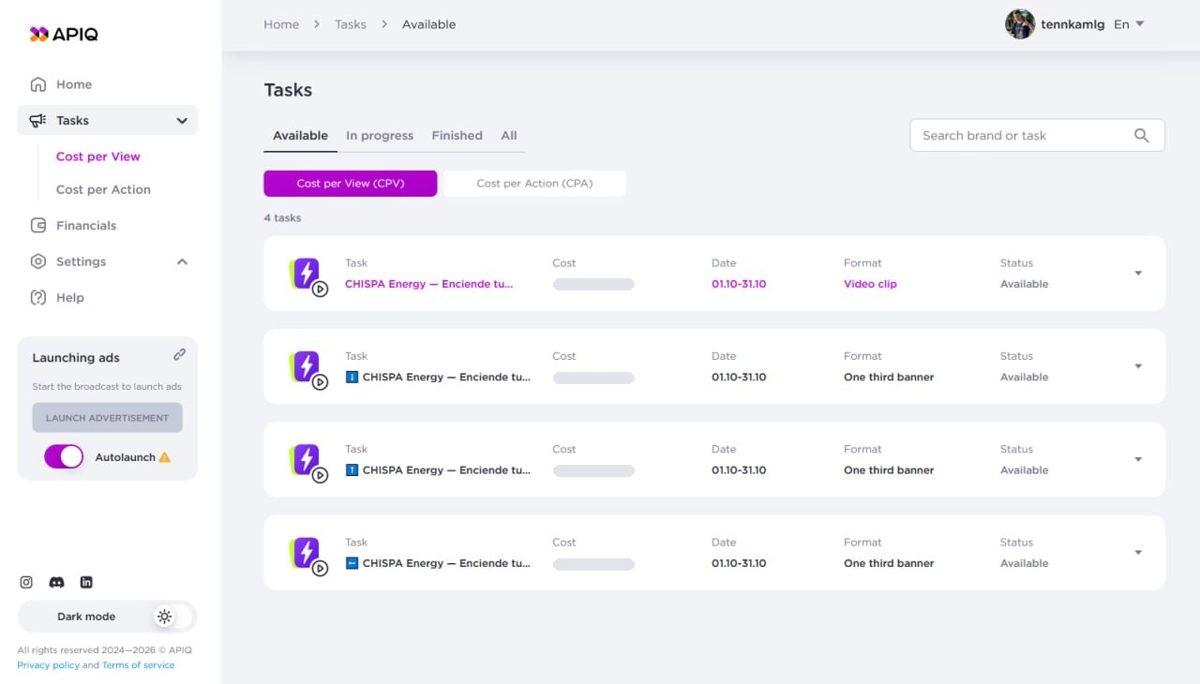 APIQ streamer dashboard: campaign list